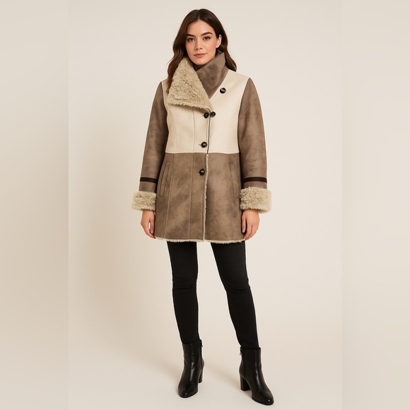 Laundry by Shelli Segal Penny Lane Coat Women L Taupe Ivory Faux Suede/Fur Y2K - Picture 1 of 7